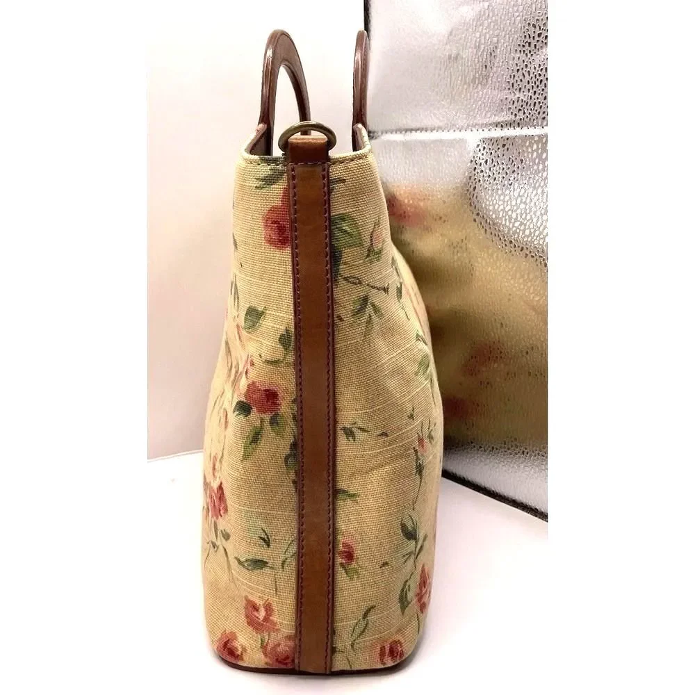 Fossil‎ Floral Canvas Top Handle Satchel Bag w/ Leather Trim & Strap
